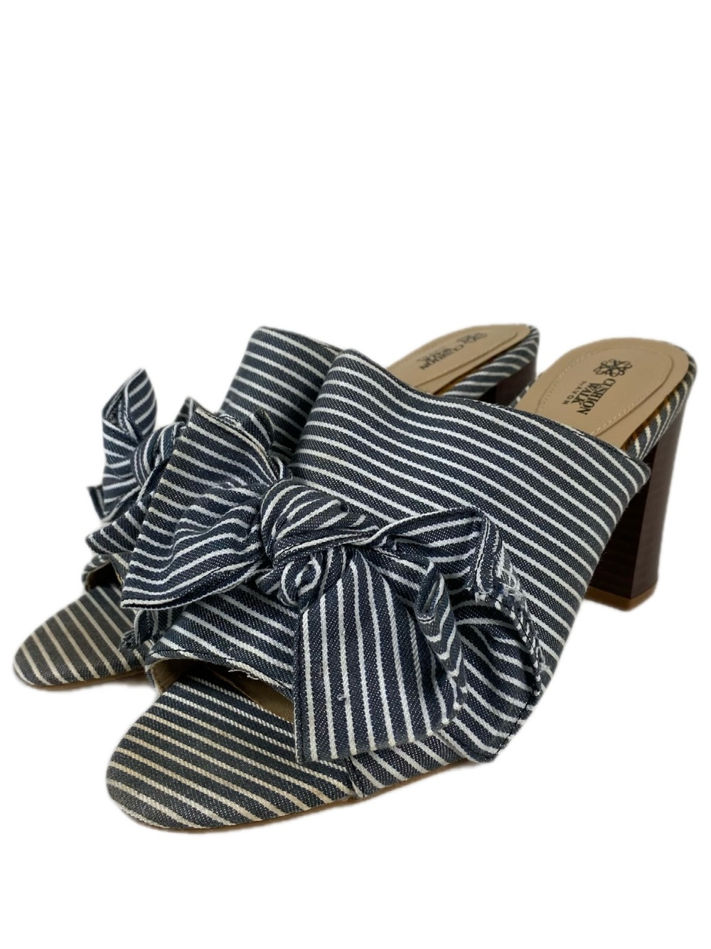 Avon Cushion Walk Bow Mule Sandals Navy White Stripe Block Heel
